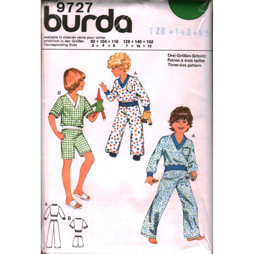Burda 9727 Vintage Kids Pajamas Sewing Pattern Sizes 3-12 Boys Girls Loungewear